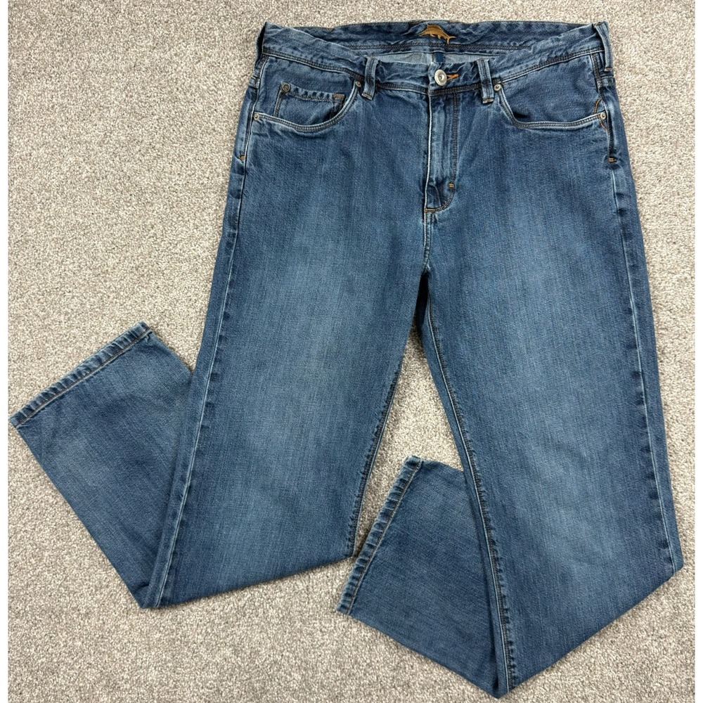 Tommy Bahama Jeans Mens 36x32 Blue Denim 100% Cotton Straight Leg Leather Patch